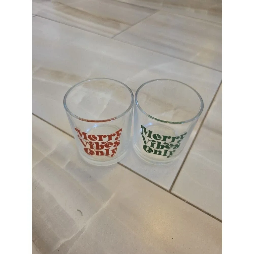Set of 2 MERRY VIBES ONLY‎ Christmas Lowball Glass Tumblers 10.25 oz. Each